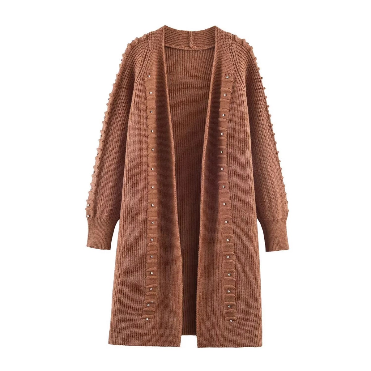 Women Longline Knit Cardigan with Pearl Trim and Ribbed Cuffs Fashion Glam