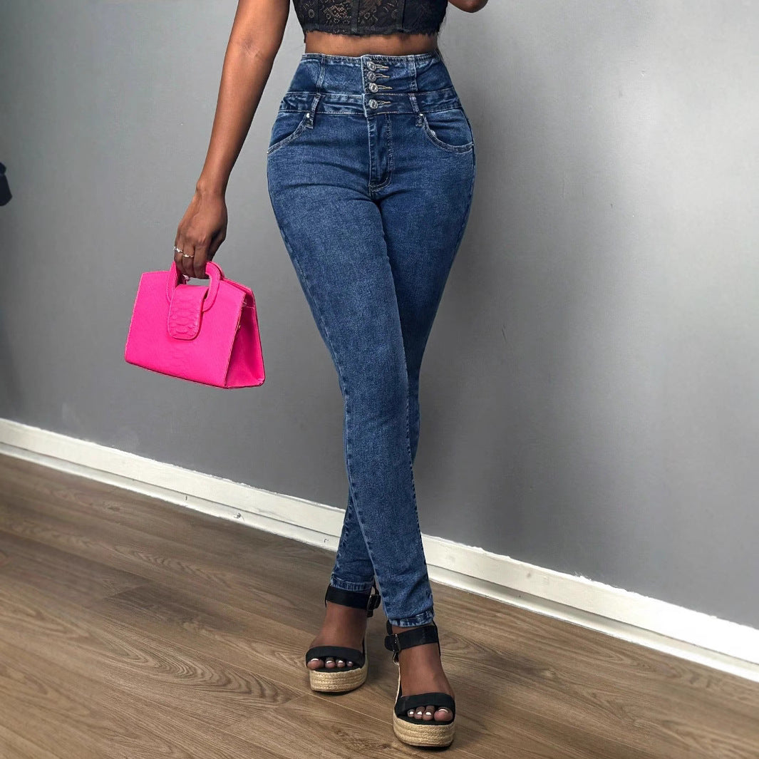 Women's high-waisted skinny jeans with triple button waistband and shaping fit Fashion Glam