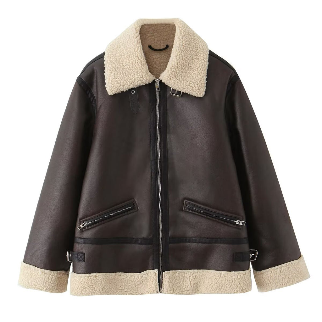 Women's Oversize Pilot Jacket made of Faux Leather with Teddy Collar and Zipper Pockets Fashion Glam