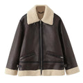 Women's Oversize Pilot Jacket made of Faux Leather with Teddy Collar and Zipper Pockets Fashion Glam