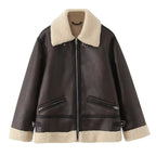 Women's Oversize Pilot Jacket made of Faux Leather with Teddy Collar and Zipper Pockets Fashion Glam