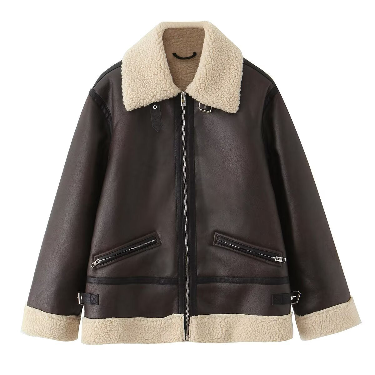 Women's Oversize Pilot Jacket made of Faux Leather with Teddy Collar and Zipper Pockets Fashion Glam
