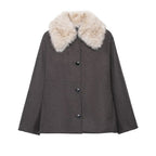 Women's wool cape with removable faux fur collar and concealed button placket Fashion Glam