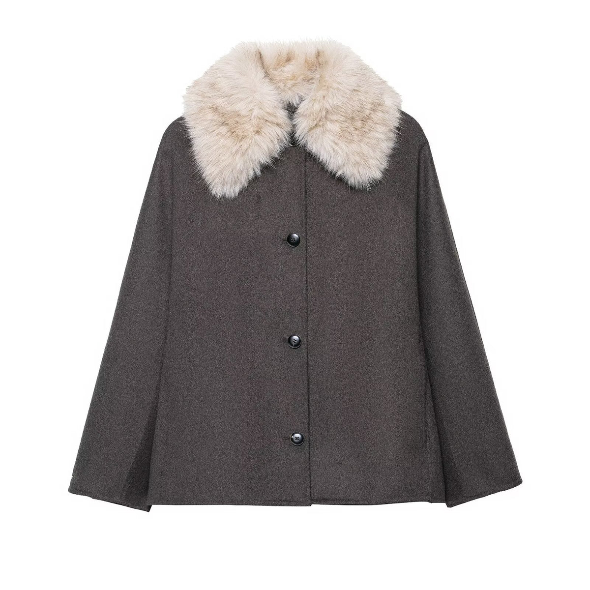 Women's wool cape with removable faux fur collar and concealed button placket Fashion Glam