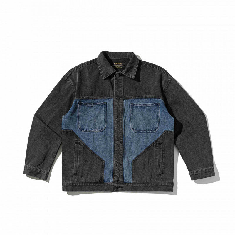 Unisex Two-tone Oversized Denim Jacket in Worker Look with Patch Chest Pockets and Straight Hem Fashion Glam