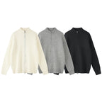 Unisex Boxy Cardigan with Cable Pattern, Stand-up Collar and Two-way Zipper Fashion Glam