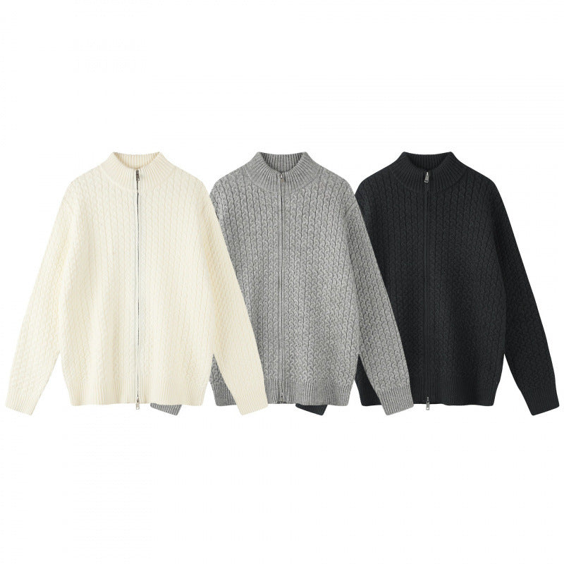 Unisex Boxy Cardigan with Cable Pattern, Stand-up Collar and Two-way Zipper Fashion Glam