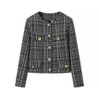 Women Tailored Short Jacket made of Boucle Tweed with Golden Decorative Buttons Fashion Glam