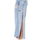 Women Wide High-Waist Denim Jeans with High Side Slits and Destroyed Details Fashion Glam