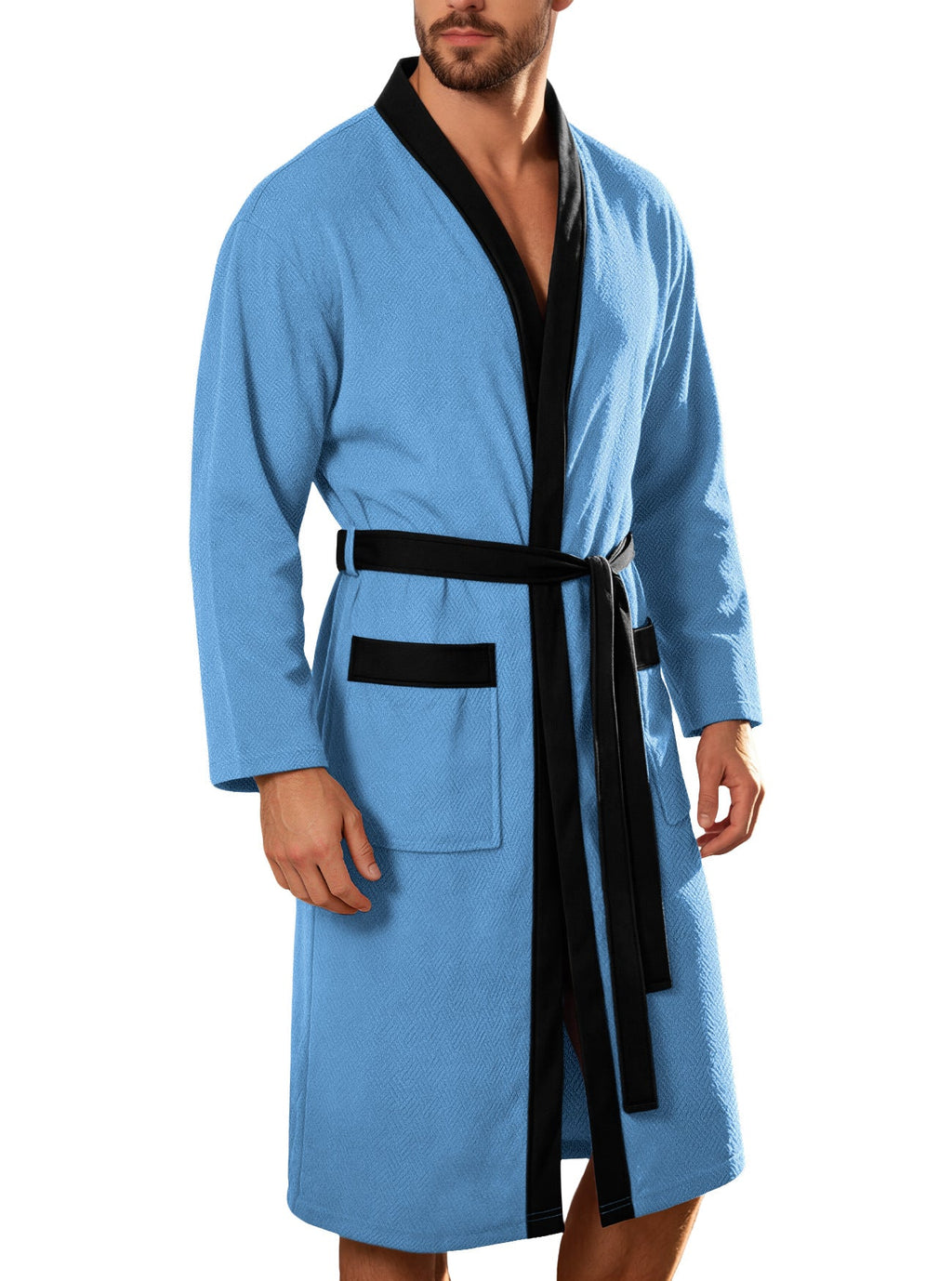 Men's lightweight cotton kimono bathrobe with waffle texture and patch pockets Fashion Glam