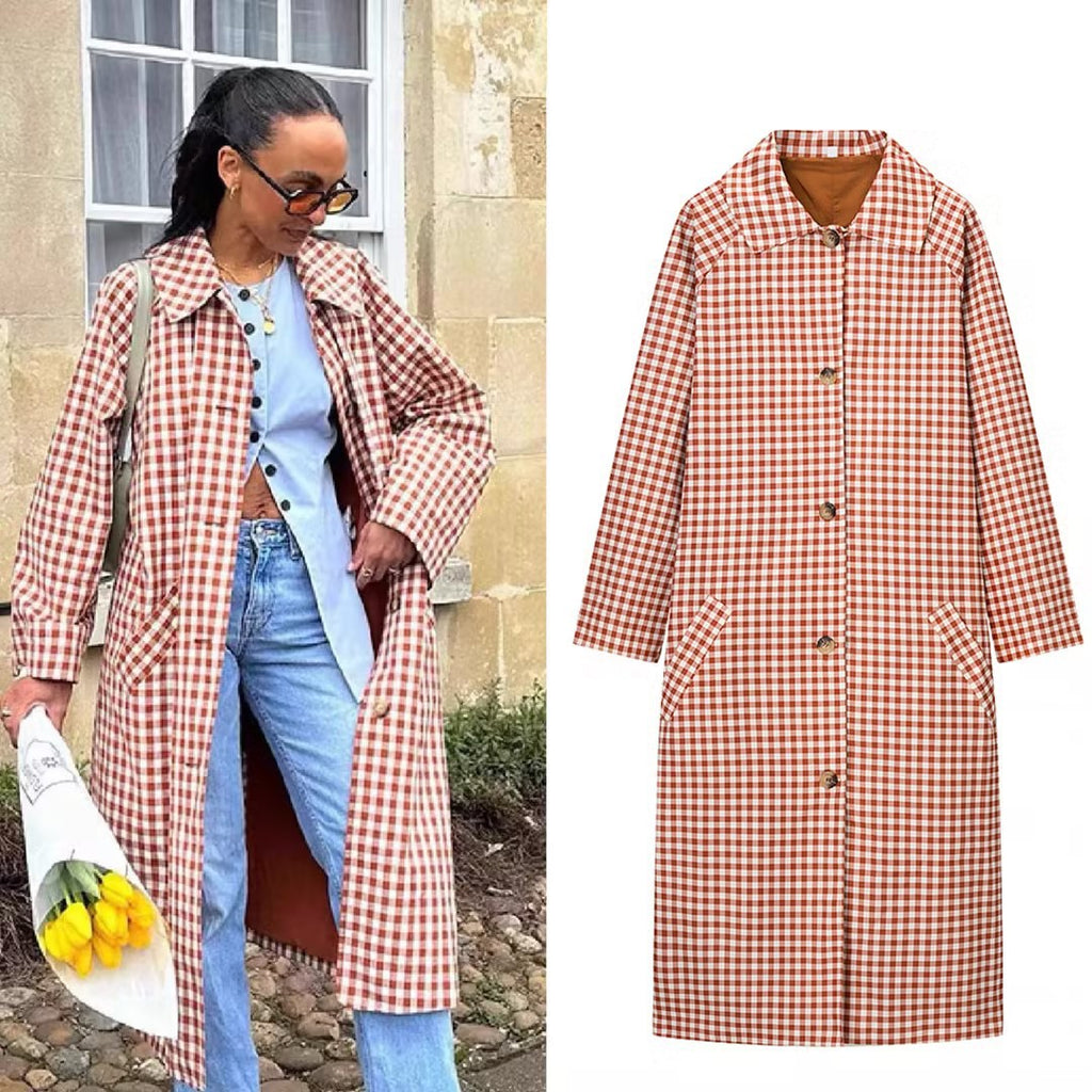 Women Long Cut Plaid Coat with Shirt Collar and Full Button Placket Fashion Glam