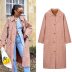 Women Long Cut Plaid Coat with Shirt Collar and Full Button Placket Fashion Glam