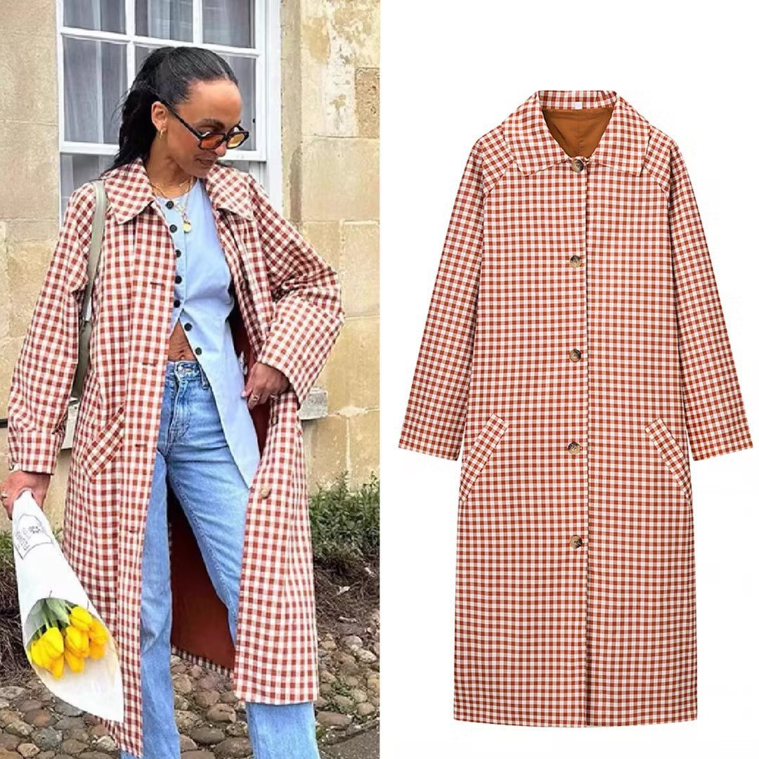 Women Long Cut Plaid Coat with Shirt Collar and Full Button Placket Fashion Glam