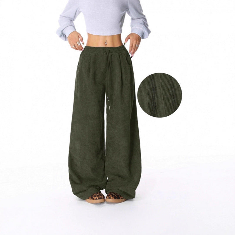 Ladies Wide Cord Pants with High Elastic Waist and Drawstring Fashion Glam