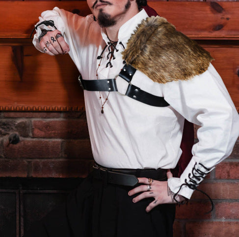 Men's asymmetrical shoulder harness with faux fur shoulder cape and adjustable leather straps Fashion Glam