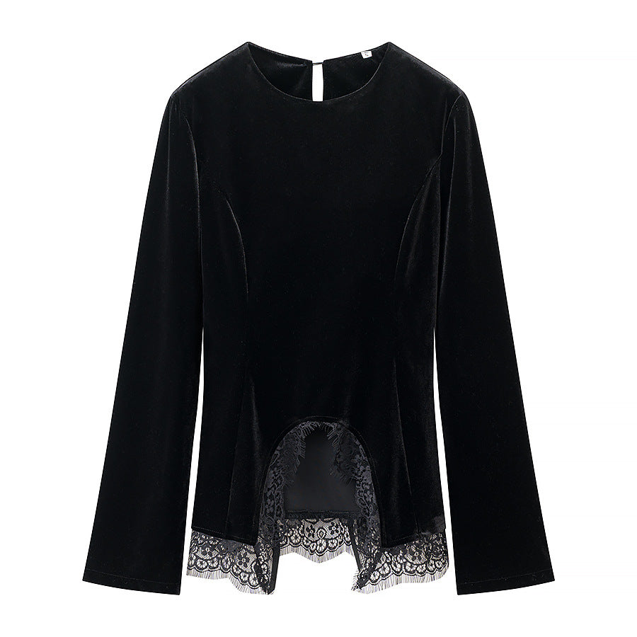 Women’s velvet blouse with lace trim and curved slit neckline Fashion Glam