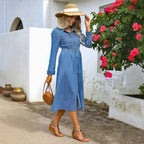Women's denim midi dress with button placket, tailored fit and chest pockets Fashion Glam