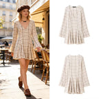 Women's Lightweight V-Neck Midi Dress with Check Pattern, Tailored Godet Skirt and Crinkle Structure Fashion Glam