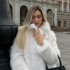 Women's Mid-length Faux Fur Coat with Long Fiber Shaggy Look and Concealing A-Line Fashion Glam