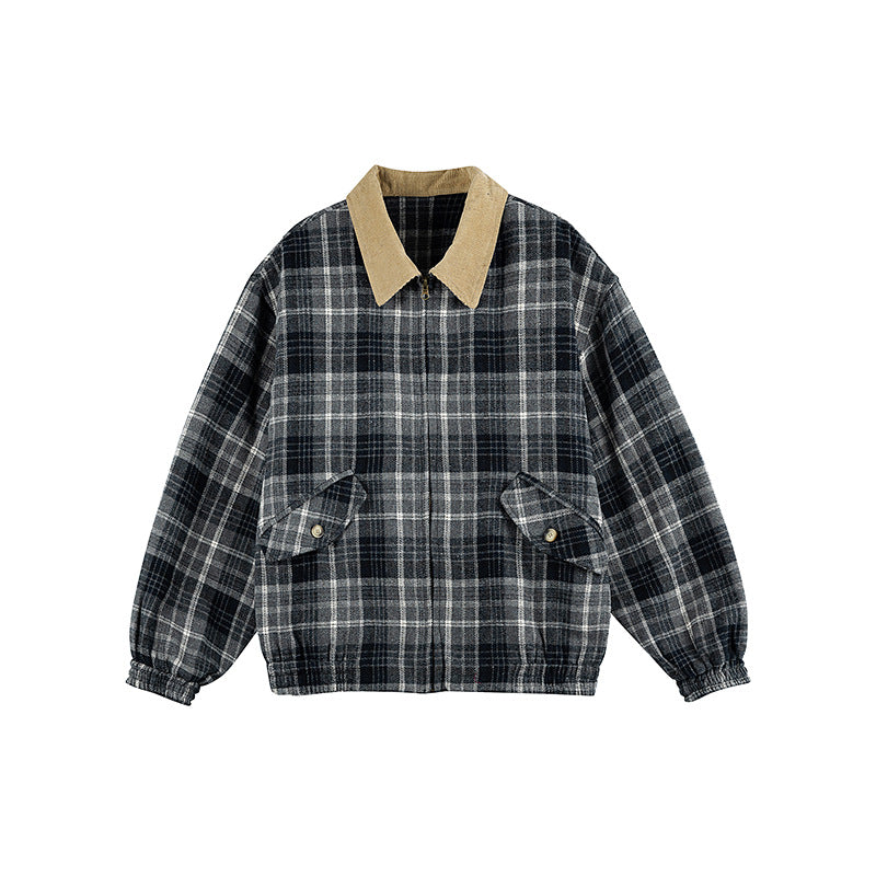 Unisex Checkered Boxy Over Shirt Jacket with Corduroy Collar, Concealed Zipper and Patch Flap Pockets Fashion Glam