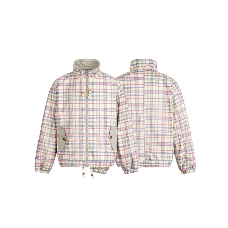 Women Lightweight Checkered Stand Collar Jacket with Drawstring and Flap Pockets Fashion Glam