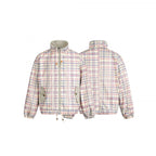 Women Lightweight Checkered Stand Collar Jacket with Drawstring and Flap Pockets Fashion Glam