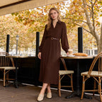 Women Pleated Shirt Dress with Balloon Sleeves, Concealed Button Placket, and Waist Belt Fashion Glam