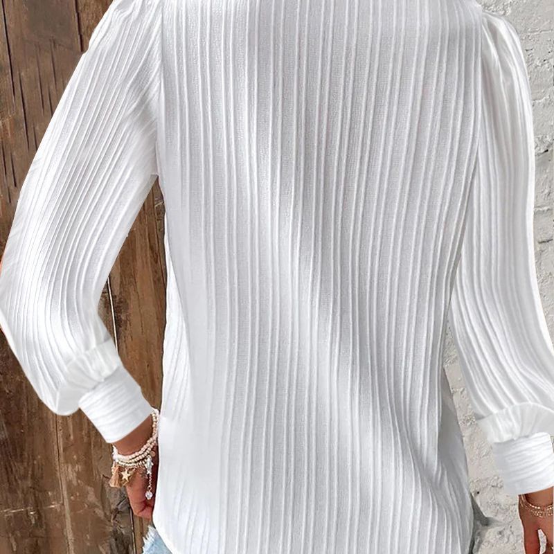 Women Pleated V-Neck Blouse with Lace Trim and Balloon Sleeves Fashion Glam