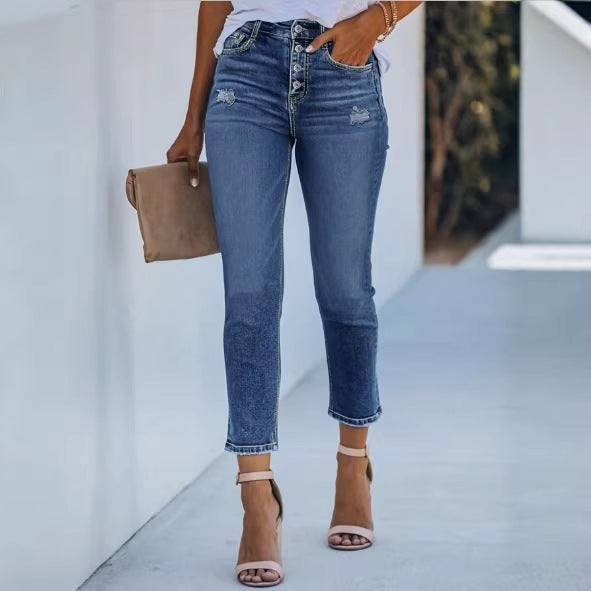 Women's High-Waisted Slim Jeans with Visible Button Placket and Ankle-Length Fit Fashion Glam