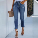 Women's High-Waisted Slim Jeans with Visible Button Placket and Ankle-Length Fit Fashion Glam