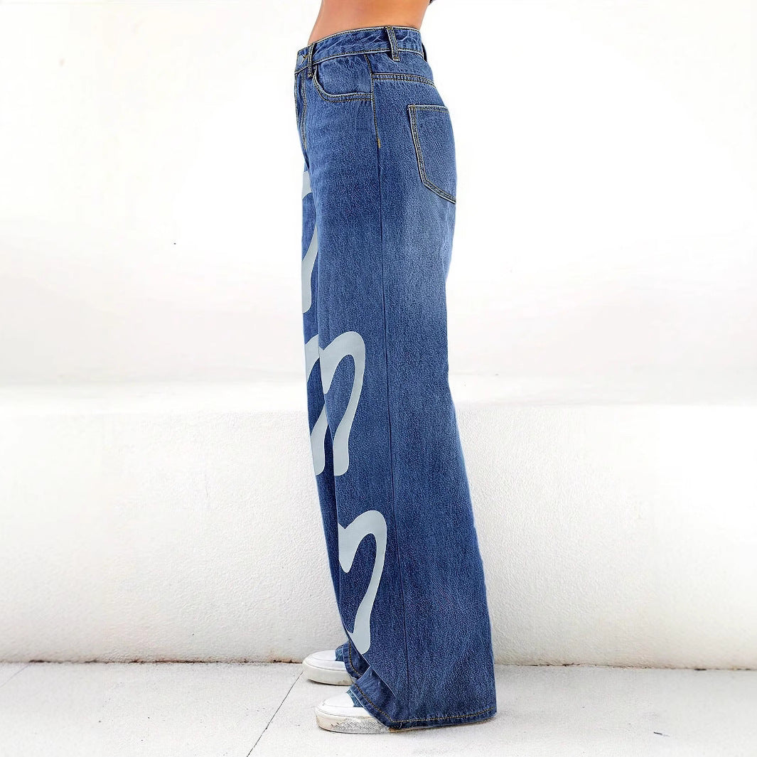 Ladies High-Waist Wide-Leg Jeans with large heart print Fashion Glam