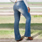 Women's waist-accentuated stretch denim jeans with flared leg and prominent knee rips Fashion Glam