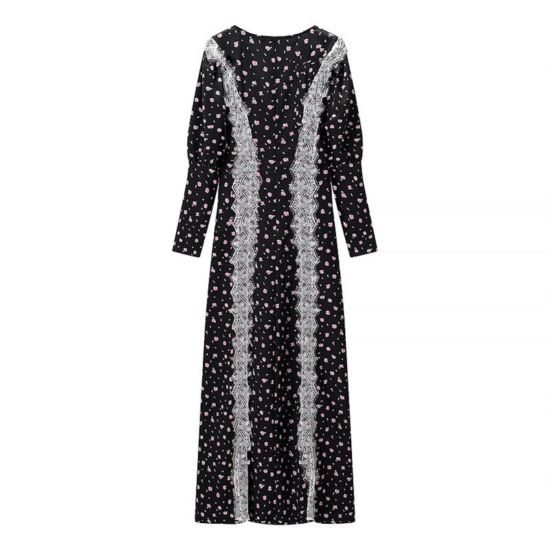 Women's Long Sleeve Maxi Dress with Lace Trimmings, Deep V-Neck and Floral All-Over Print Fashion Glam
