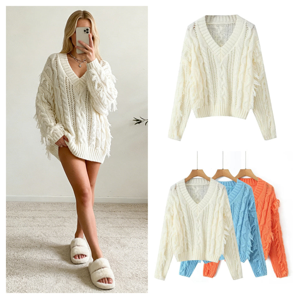 Women's Chunky Knit V-Neck Sweater with Cable Pattern and Fringes Fashion Glam