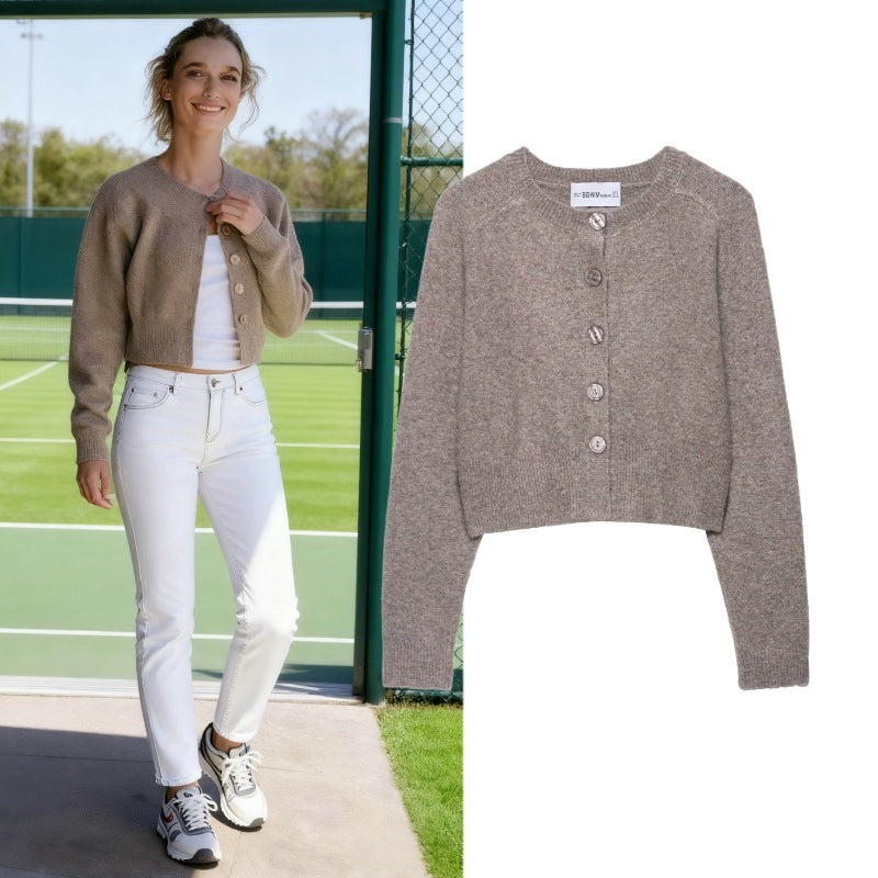 Ladies Cropped Raglan Cardigan with Pearl Buttons and Wide Ribbed Hem Fashion Glam