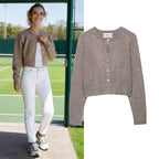 Ladies Cropped Raglan Cardigan with Pearl Buttons and Wide Ribbed Hem Fashion Glam