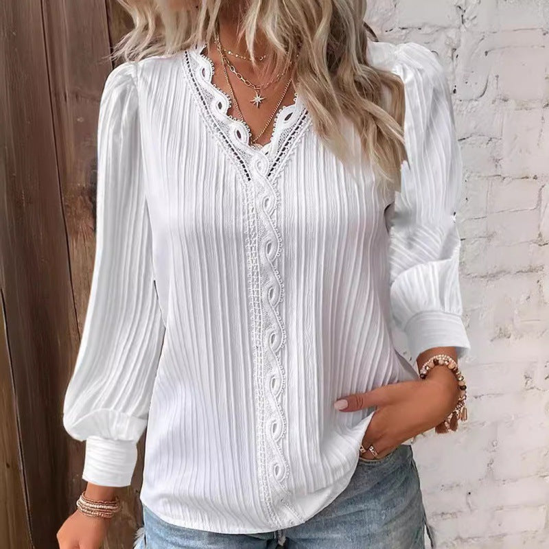 Women Pleated V-Neck Blouse with Lace Trim and Balloon Sleeves Fashion Glam
