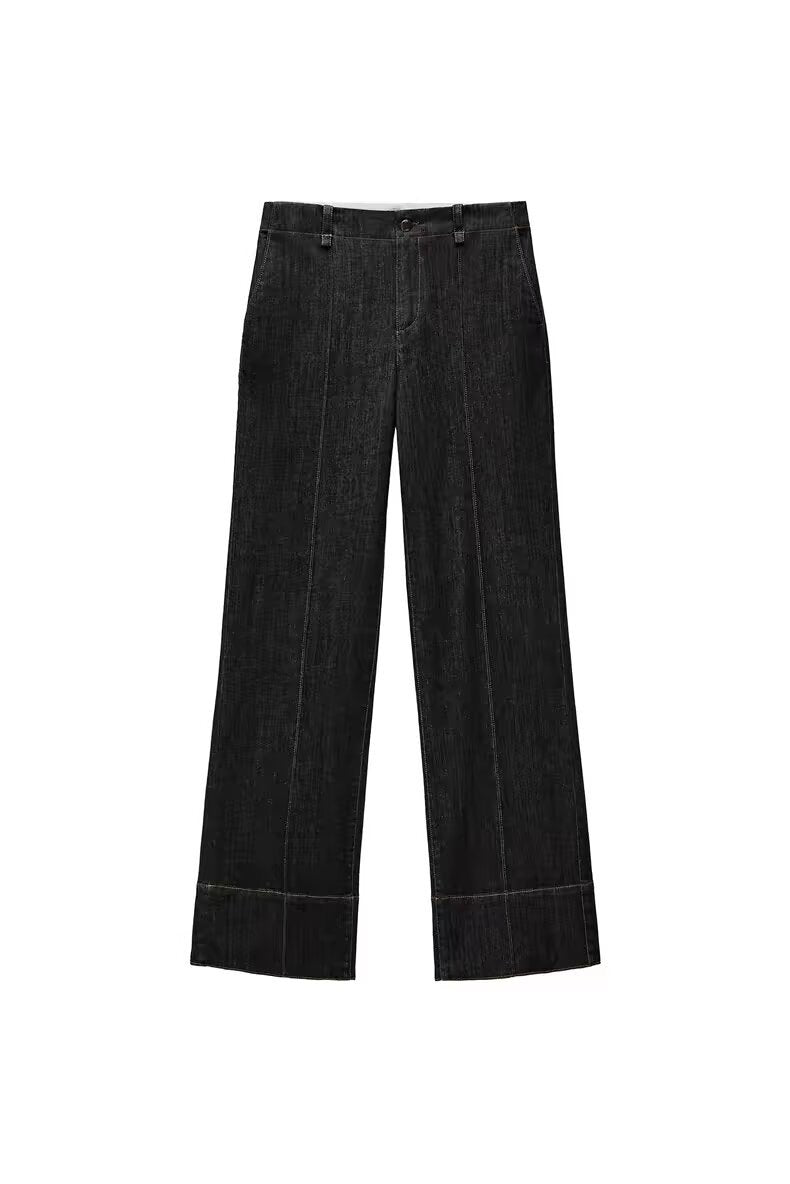 Women's high-waisted wide flare trousers in corduroy look with visible center seam and wide cuff Fashion Glam