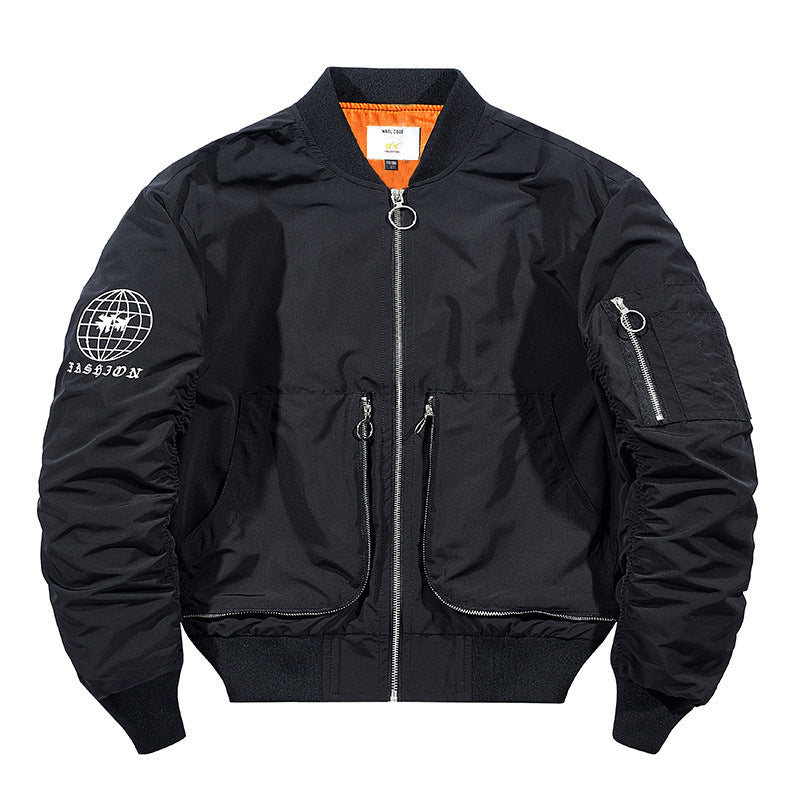 Men's Nylon Bomber Jacket in Aviator Style with Zipper Arm Pocket and Contrasting Lining Fashion Glam