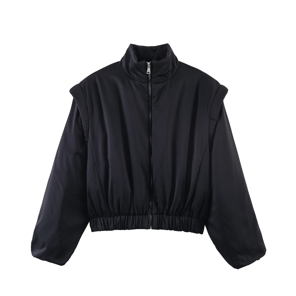 Women Short Cropped Puffer Jacket with Stand-up Collar, Zipper, and Elastic Waist Fashion Glam