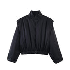 Women Short Cropped Puffer Jacket with Stand-up Collar, Zipper, and Elastic Waist Fashion Glam