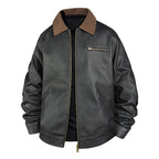 Men's Vintage Leather Bomber Jacket with Ribbed Collar Fashion Glam