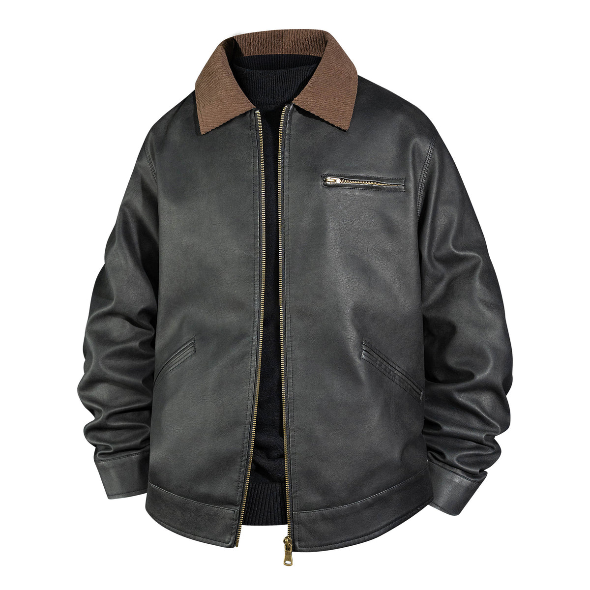 Men's Vintage Leather Bomber Jacket with Ribbed Collar Fashion Glam