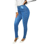 Women's shaping high-waisted skinny jeans with side pearl embellishment Fashion Glam