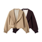 Women's short jacket with wide shawl collar, tailored tie belt and balloon sleeves Fashion Glam