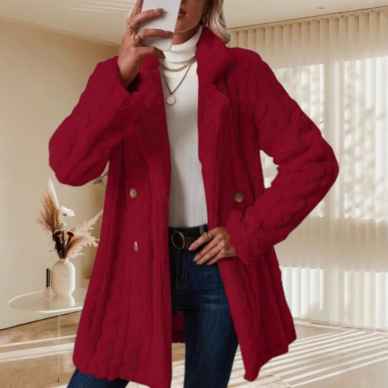 Women's Mid-Length Teddy Coat with Cable Knit Pattern, Notched Collar and Double-Breasted Front Fashion Glam