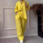 Women's Wide Linen Blend Pants with High Elastic Waistband, Drawstring and Palazzo Silhouette Fashion Glam