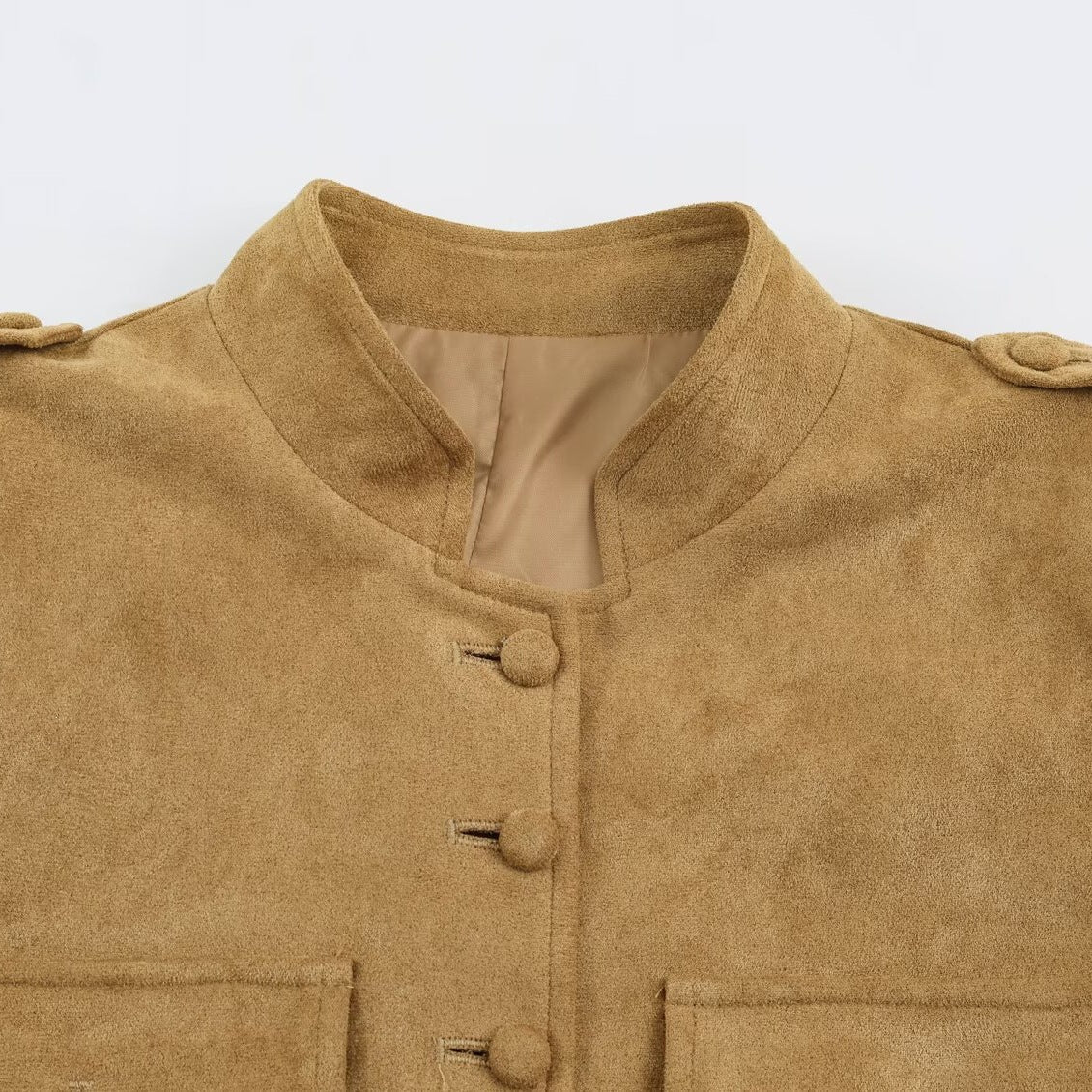 Women's Tailored Velour Jacket in Field Style with Stand-Up Collar and Chest Flaps Fashion Glam