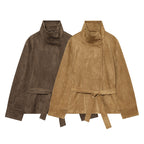 Women's short jacket in boxy cut made of suede look with high stand-up collar and tie belt Fashion Glam