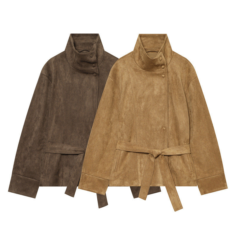 Women's short jacket in boxy cut made of suede look with high stand-up collar and tie belt Fashion Glam
